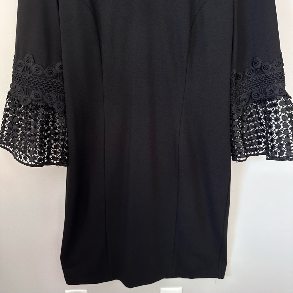 Talbots 10 Sheath Dress Black Ponte Fabric Crochet Bell Sleeve Cocktail Formal - Picture 3 of 12